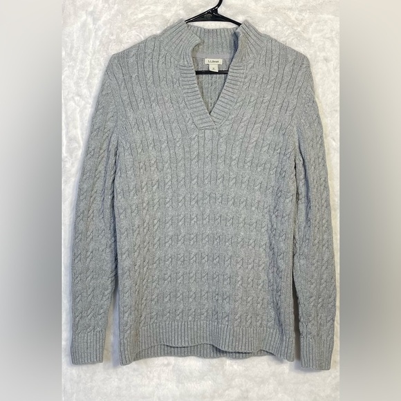 L.L. Bean Mens Gray Cable Knit V-Neck/Turtle Chunky Ribbed Sweater Preppy Medium - Picture 1 of 7